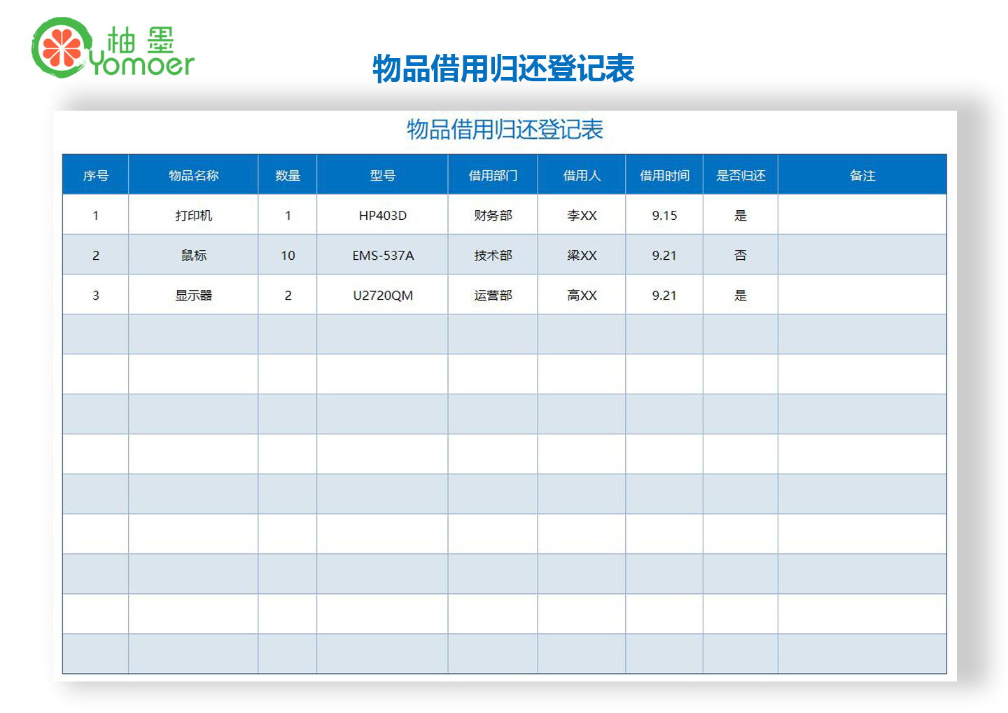 物品借用归还登记表
