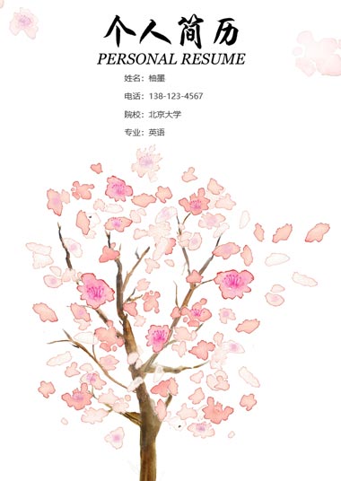 粉色水彩樱花树英语专业简历模板