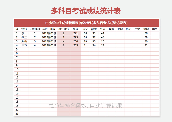 中小学学生考试成绩管理表
