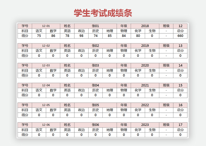 学生考试成绩条