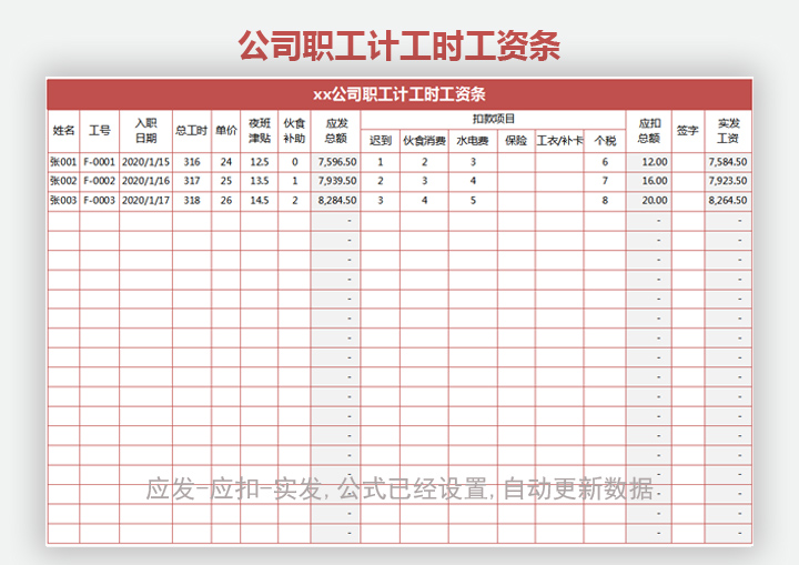 公司职工计工时工资条