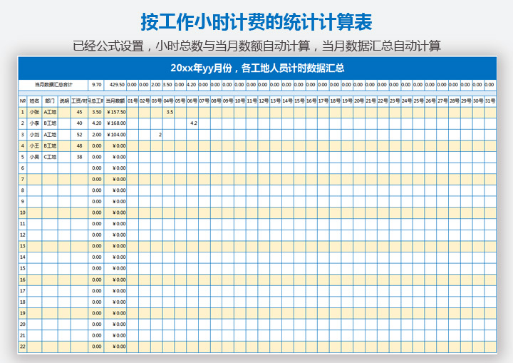 按工作小时计费的统计计算表