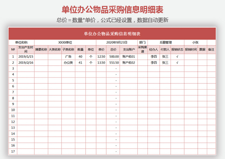 单位办公物品采购信息明细表