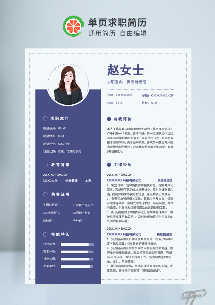 蓝色商务风供应链经理通用简历