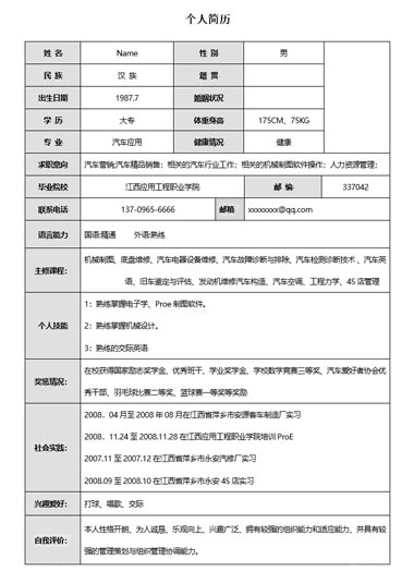 基础通用汽车行业工作简历模板